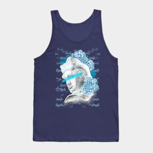 Apollo head statue with a blue peony flowers and buds on a black background. Tank Top